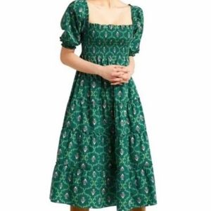 Hill House Nesli Nap Dress Emerald Trellis EUC S